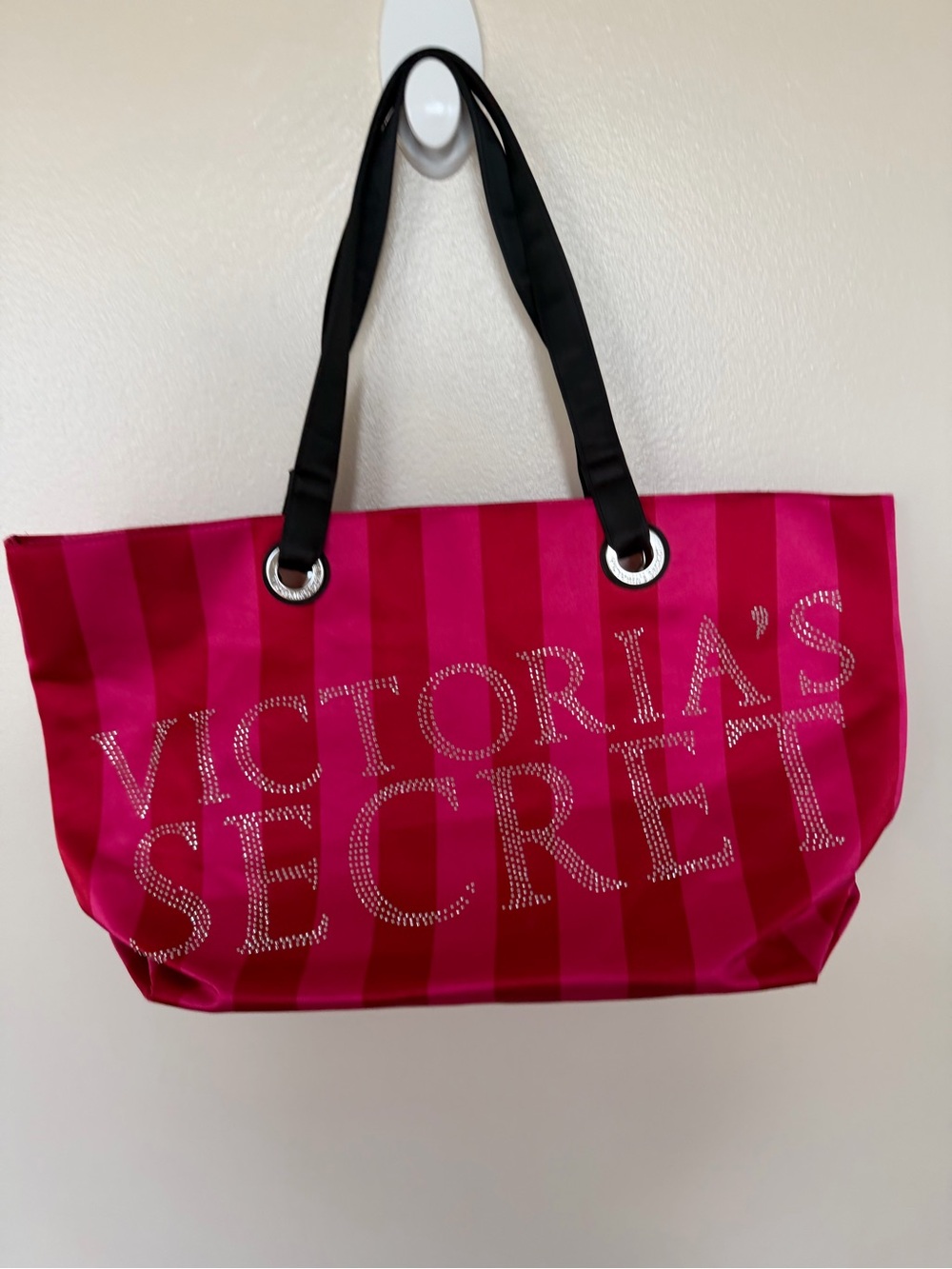 VICTORIAS SECRET Pink & Red Stripe Crystal Logo Large Tote Bag
